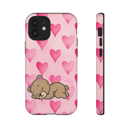 Cute Sleeping Bear Phone Case — Pink Heart Pattern Protective Case
